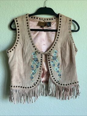 Blush Pink Suede Fringe Vest with Blue Floral Embroidery